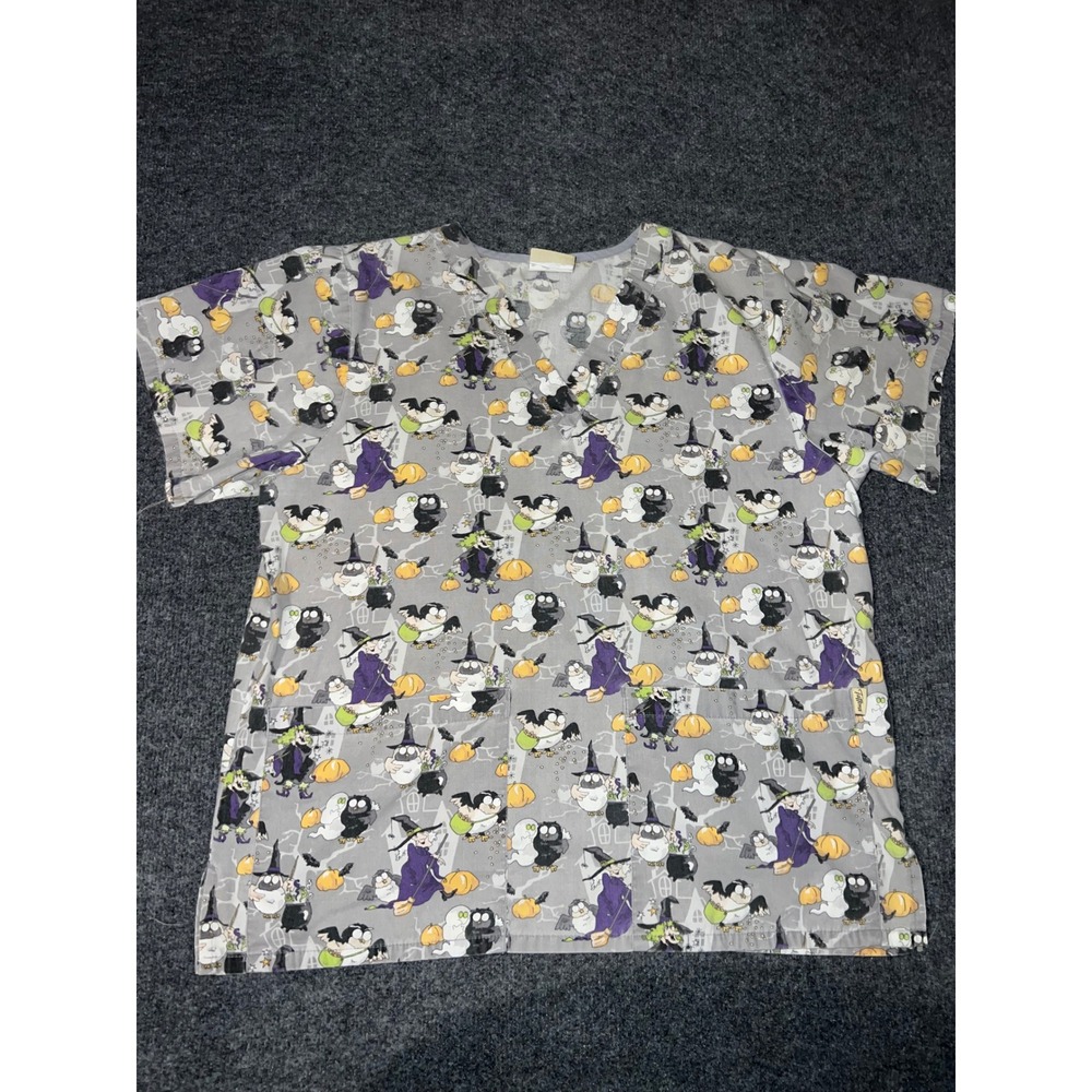 Tafford Halloween Scrub Top Gray Witches Owls Ghosts Pumpkins V-Neck XL